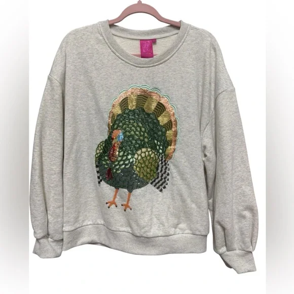 QUEEN OF SPARKLES Light Gray Sweatshirt with Turkey Design Small (oversized) - Picture 1 of 6